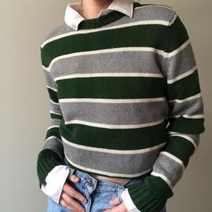 Green, grey, and white striped knit sweater
